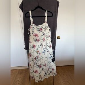 Lulu's Cream Floral Midi Dress with Pink & Green Print